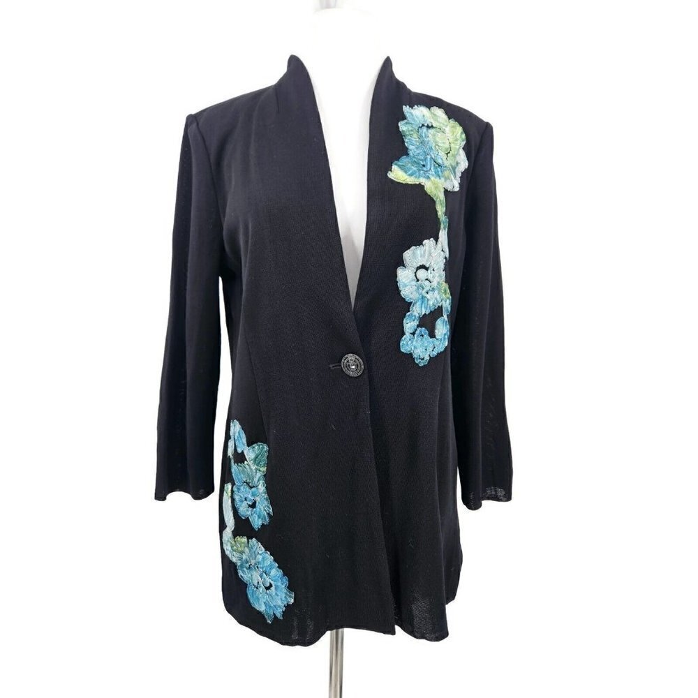 New Misook Cardigan Sweater Womens S Black Aqua Floral